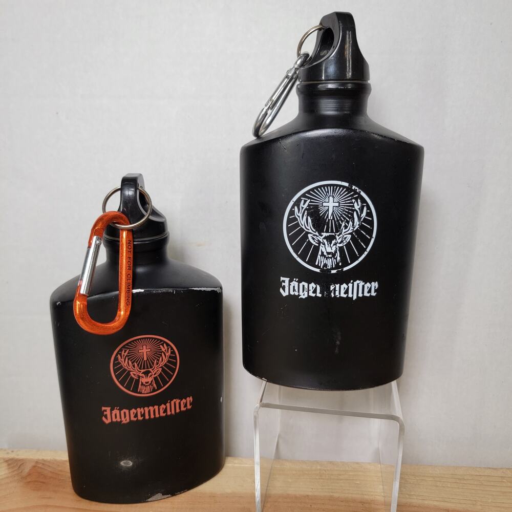 Set of 2 Jägermeister Black Aluminum Hip Flasks w/ Carabiners